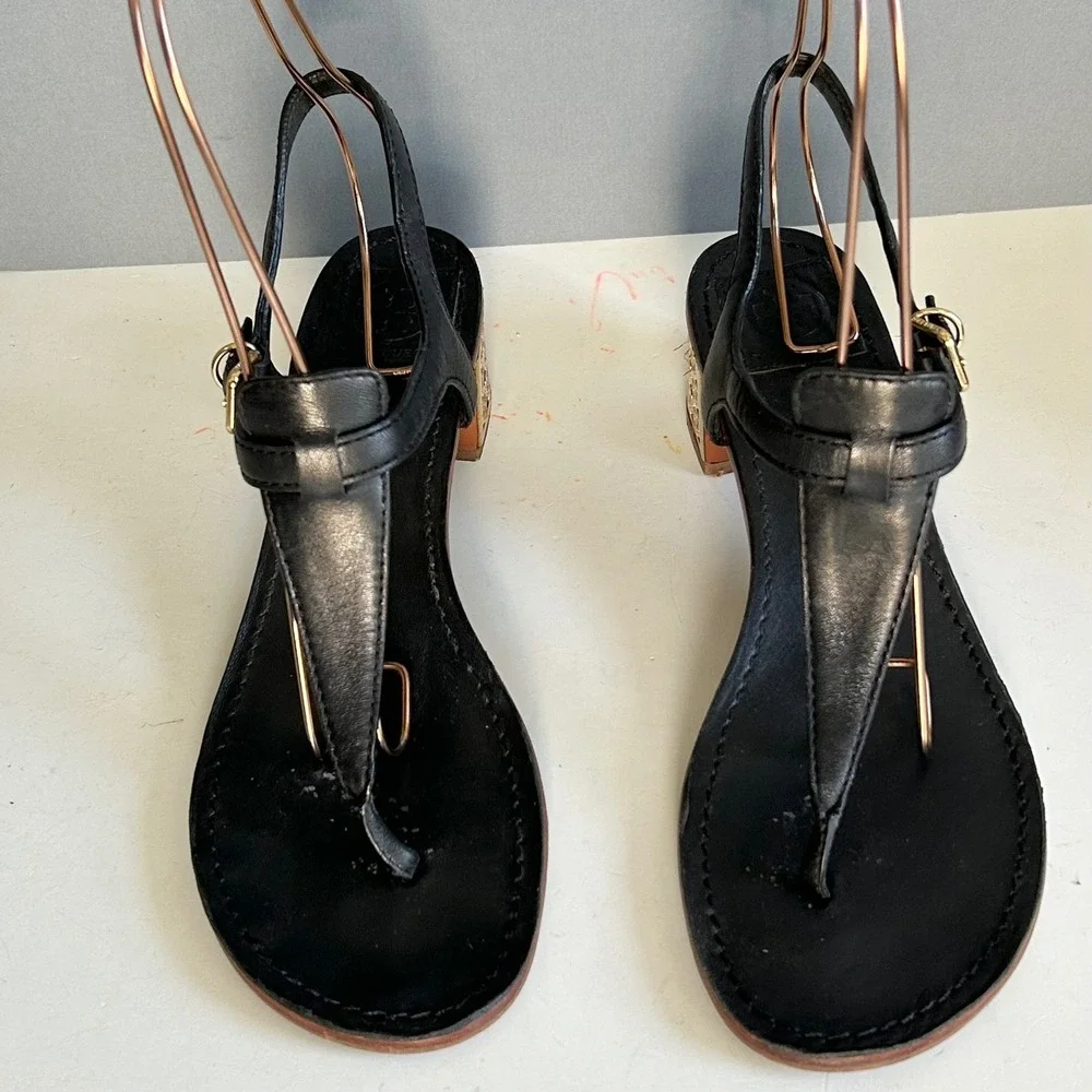 Tory Burch Sandals Size 8.5 Audra Black Leather T-Strap Thong Gold Logo Heel